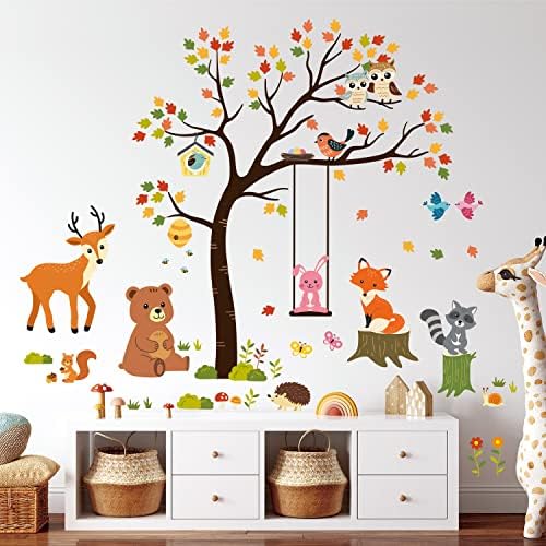 Decowall sg-2208 árvore e animais decalques de parede adesivos berçário infantil quarto de outono D? Cor do quarto da floresta