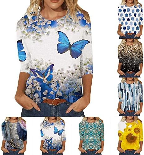 Camisas de verão de Firero para mulheres 2023, Womens Casual Tops elegantes Retro Butterfly Print 3/4 Sleeve Top Blouse de camisa de