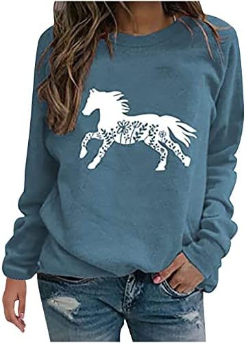 Tops de estampa de animal para mulheres Moletom de manga comprida Camisetas vintage Camisas de cavalo engraçado