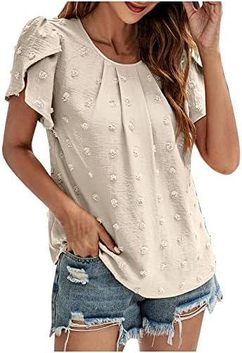 Camisetas elegantes de cor sólida feminina Camisas elegantes Summer Petal Sleeve Crew pescoço Jacquard Bloups Top