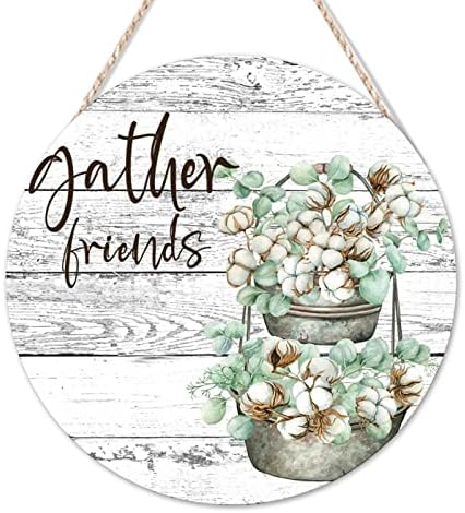 Sinal de boas -vindas Reunir amigos Round Wood Signs Spring Kapok Flower In Flowerpot Sinais de arte de parede Garden Floral