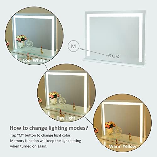 Espelho de vaidade de Showtimez com luzes, espelho de maquiagem montado na parede de mesa com tira de luz iluminada LED de 3 modos