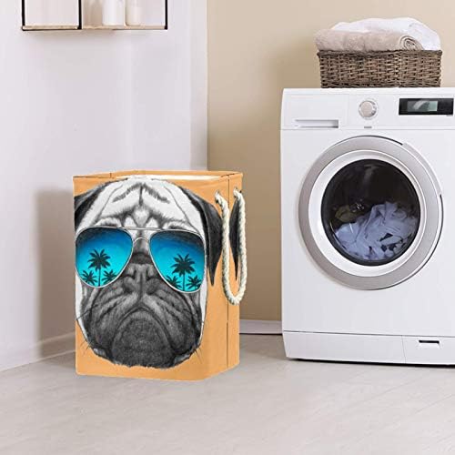Cão de pug engraçado com copos de lavanderia cesto de armazenamento de lavanderia dobrável de linho com alças suportes destacáveis