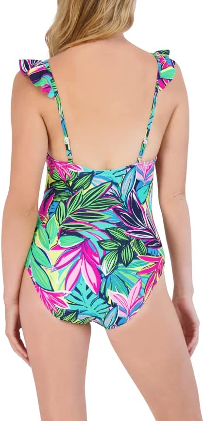 Caribe Joe Feminino Padrão One Piece Swimsuit Ruffle Controle Quick Dry Removível Copo Ajusta Ajusta Ajuste