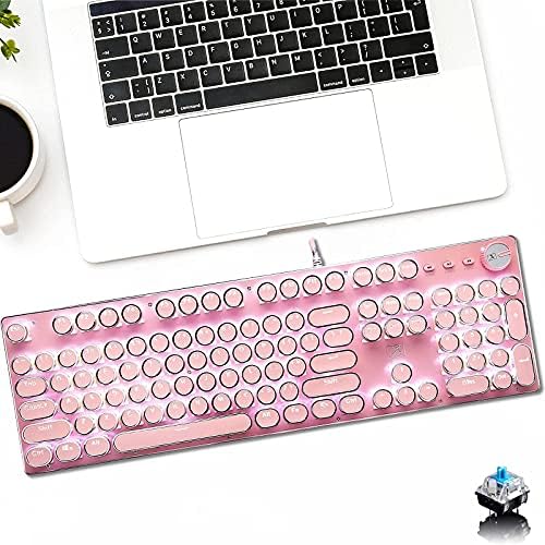 Teclado de máquina de escrever retro rosa liourfe, teclado de jogos mecânicos com fio com luz de fundo branca pura,