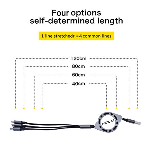Cabo de carregamento retrátil 3A, cabo de carregamento de 4 pés de 4 pés de 4 pés Cabo de carregador múltiplo rápido 3 em 1 cabo