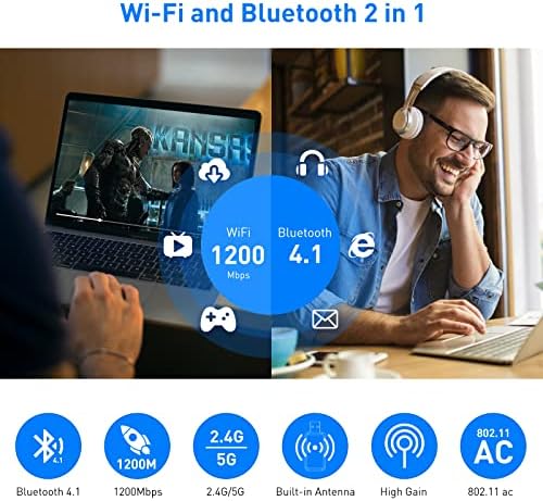 Adaptador Bluetooth WIFI USB EDUP, Banda dupla de 1200 Mbps de 2,4 GHz / 5GHz, USB 3.0 Wi-Fi e Bluetooth Receiver Transmissor 2 em 1 Antena Bulit-In para PC, Desktop, Laptop