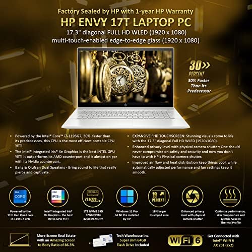 HP Envy 17T 2022 Laptop, i7-1195g7 11ª geração, 32 GB de RAM, 1 TB NVME SSD, 17,3 FHD Touch, Thunderbolt 4, Win 11 Pro, Wi-Fi