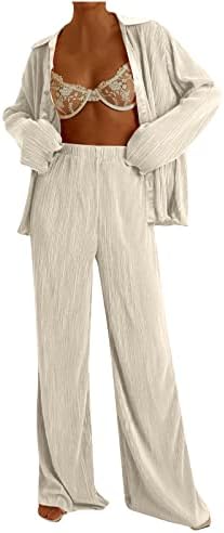 Rbculf feminino camisa tops sortpante de 2 peças conjunto de mangas compridas botão para baixo lapela solteira blusa
