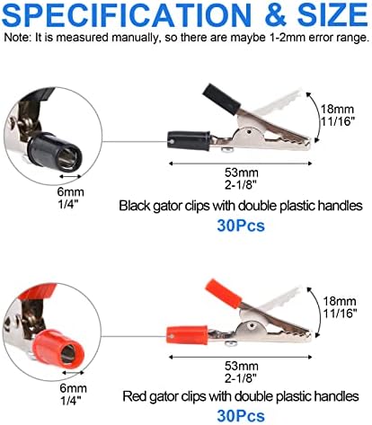 Glarks 60pcs 53mm Kit de sortimento de clipes de jacarés isolado, grampos de teste elétrico preto vermelho com mãos plásticas