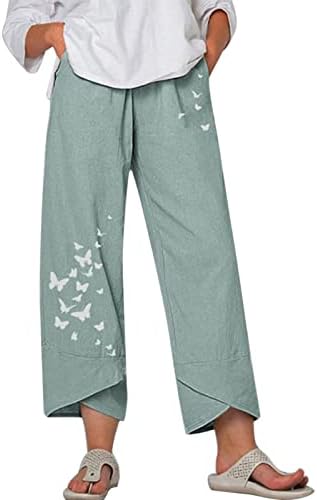 Calças de ioga de petite flare para mulheres para trabalho e linho Loose moda moda casual Borbolefly Palnta de algodão larga