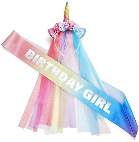 Decorações de aniversário de unicórnio para meninas - faixa de aniversário e chapéu de unicórnio