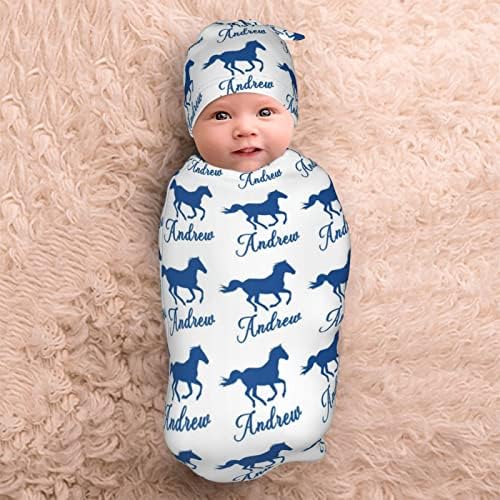 Puurbol personalizado Cavalo azul de cavalo Baby menino envolve cobertores de recebimento personalizados recém -nascidos