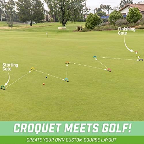 Gosports Putt -Thru Croquet Putting Game - inclui 9 portões, 4 bolas de golfe e sacola - jogue em casa, o escritório ou