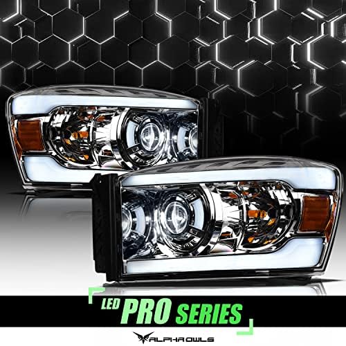 Alpha Owls 8711200 LED de faróis de projetor LED com barra de luz LED branca-Crome Amber Fits 2006-2008 Dodge Ram 1500/2006-2009