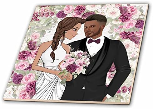 Bride branca de 3drose com noivo preto Biracial Wedding Purple Botanical - Tiles