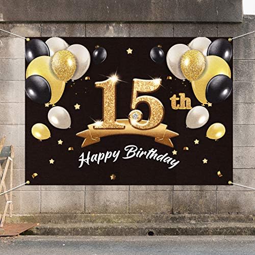 PAKBOOM FELIZ BANNER 15th Birthday Banner Beddrop - 15 de festas de festa de festas de festas para meninos - Black Gold 4 x 6ft