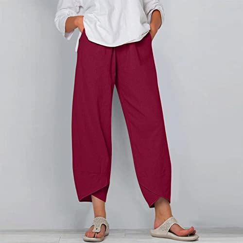 Calças Capri Capri para mulheres, calça de linhagem de linhas de linho de altura de perna larga com bolsos florais