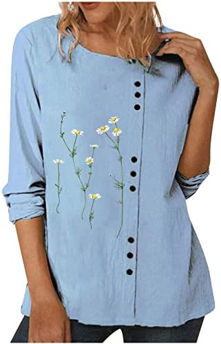 Camisa de girassol para mulheres casuais botão de pescoço de linho de algodão túnica tops soltos de manga longa casual blusa de