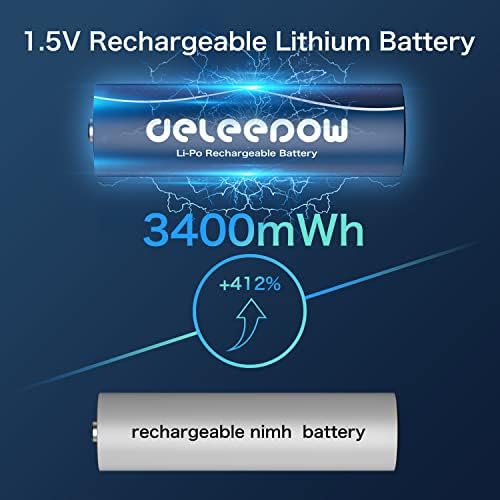 As baterias AA recarregáveis ​​de DeLeepow 3400MWH Recarregam as baterias AA Lithium 1.5V 4 contagem com carregador e 1200mWh