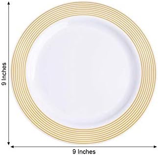 Placas de jantar de plástico redondo com aro de listras douradas - 9 | Branco | Pacote de 10