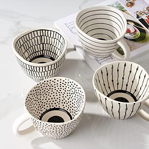 Conjunto de copos de café de canecas de 4, caneca irregular única em cerâmica com alças de ouro, caneca de café branca de porcelana de 11 onças para café com leite, cappuccino, cereal