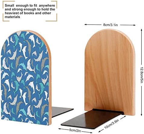 Blue Sea Dolphins Princied Wood Book Ends Non-Skid Decor Booknd Small for Office Home 1 par