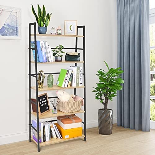 Springsun 5 Bookshelf Livra da escada Industrial Plataforma de armazenamento de armazenamento Aberto Estante de madeira com moldura de metal, prateleiras de armazenamento independentes para escritório em casa, sala de estar, quarto, cozinha