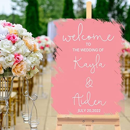 Alioyoit Wedding Welcome Sign Pink Pink Sinal de casamento de acrílico personalizado elegante Clear acrílico Casamento Recepção