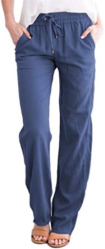 Calça de linho do palazho da mulher, perna larga e cintura alta as calças casuais de cordas casuais calças elásticas elásticas