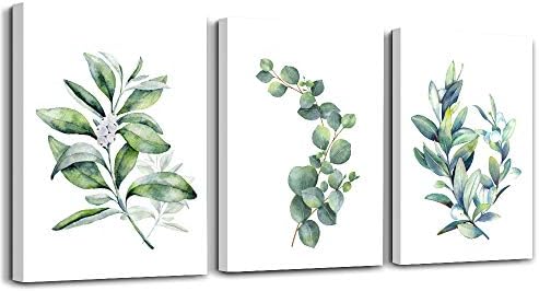 Green Leaves Plants Arte de parede de tela para sala de estar Decoração de parede de banheiro moderno para quarto decorações de casa de cozinha 3 painéis de pintura em aquarela impressões de tela