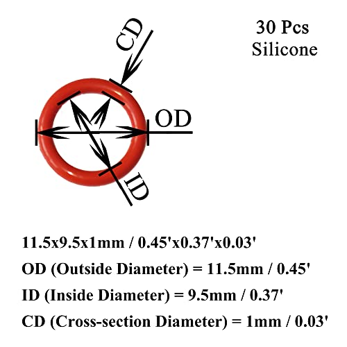 OFOWIN [30 PCS] O-rings de silicone Red 11,5 mm od 9,5 mm Id 1 mm Largura, vedação métrica VMQ Junta para tampas de xícara, cafeteira,