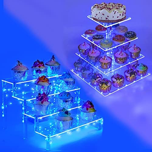 Stand de exibição de 4 camadas+ suporte de cupcake de 4 camadas com luz de corda azul