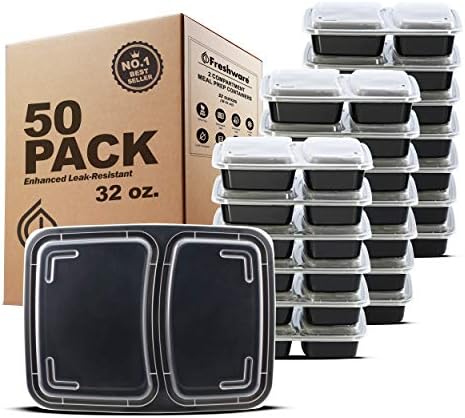 Recipientes de preparação para refeições Freshware [50 pacote] 3 Compartgamento de contêineres de armazenamento de alimentos e recipientes
