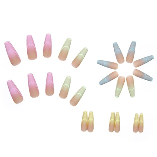 Ezpieces pressiona unhas, unhas francesas do arco -íris com design de linhas duplas, caixão de bailarina colorido extra longa unhas falsas foscas, dicas falsas manicure de dedos artificiais para mulheres e meninas, 24pcs/set