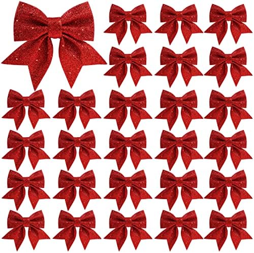 Ndeno 24pcs 5.5 '' Mini decorações de arco de Natal, grinaldas de lantejoulas vermelhas, pequenas árvores de Natal Topper Glitter Bush lanche,