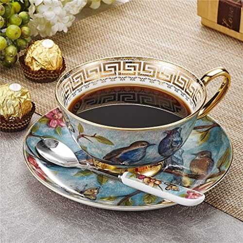 Copo de café Flor & Bird Pattern Style European Bone China Porcelana Copo de café de alta série de chá da tarde com pires e colher