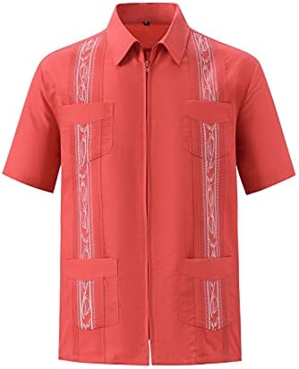 Camisas de Guayabera de manga curta masculinas para homens zíper cubano Casual Cotton Tops com bolsos