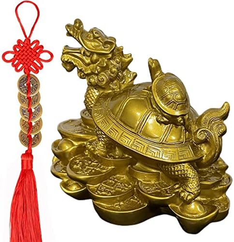 Feng Shui Dragão Tartaruga Tartaruga Dinheiro Estátua Escultura Prosperidade de Riqueza Com Conjunto de 5 Moedas Antigas