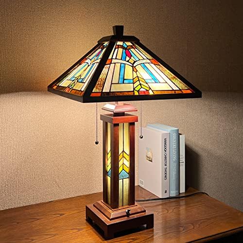 Capulina Wood Base Tiffany Table Lamp Triângulo Missão Estilo de vitral Decoração de lâmpada de mesa para sala de estar Quarto