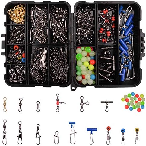 Acessórios de Silanon Fishing Swivels Kit de tackle, bastidores de 174pcs Swivels Rolling Snaps, slides de chumbada, linear de três vias giratórias, contas de linha de pesca, bloqueio de dupla para trutas de truta de truta salgada água doce água doce