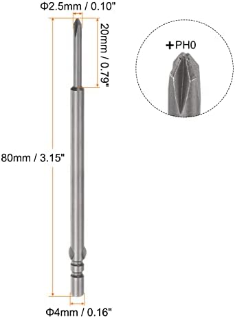 HARFINGTON 2PCS Magnético Phillips Brill Bit Bit Round Hasth de 2,5 mm PH0 Cabeça cruzada de 4 polegadas de comprimento para ferramenta pneumática ou elétrica, aço S2