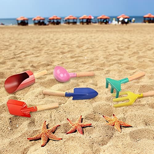 Brinquedos de praia para crianças, 6pcs 8 '' Toys de areia define ferramentas de jardim de metal com maçaneta de madeira