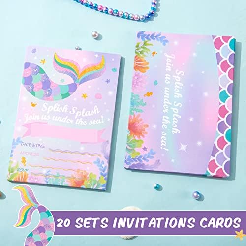 Wernnsai Rainbow Glitter Mermaid Party Supplies - Convites mágicos de sereia para meninas preenche 20 cartões de convites para