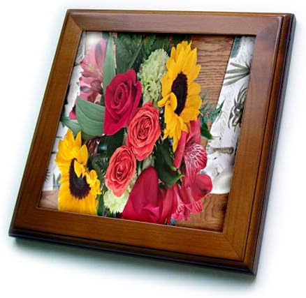 Imagem de 3drose de buquê colorido de rosas de coral, girassóis amarelos e. - ladrilhos emoldurados
