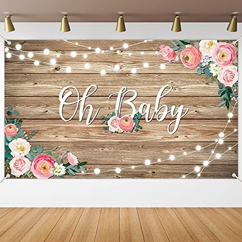 Banner de pano de fundo de chuveiro de madeira rústica OH, bebê floral decorações de chá de bebê floral para meninas