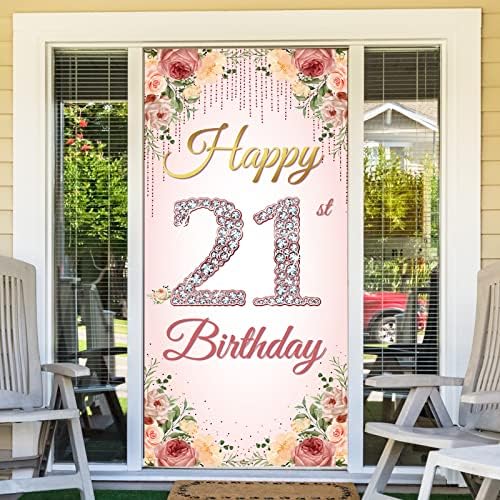 Htdzzi 21st Birthday Door Banddrop Banner, Feliz 21º aniversário decorações para ela, Rose Gold Floral Floral 21