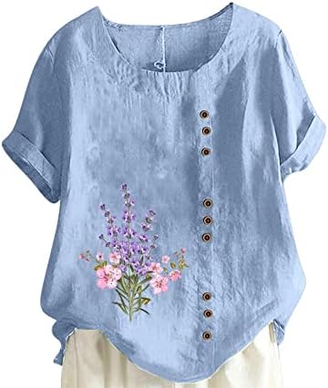 PBNBP Linho de algodão feminino blusas florais de plus size de verão camisetas de ajuste solto em volta do pescoço redondo