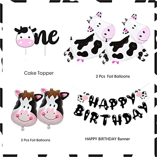 Pycalow Cow Decorações de 1º aniversário - Os suprimentos de festa de aniversário de vaca incluem balões Garland Arch, Banners, Banner Highchair, Topper, Crown, Cow Theme Pink Farm Birthday Party Supplies