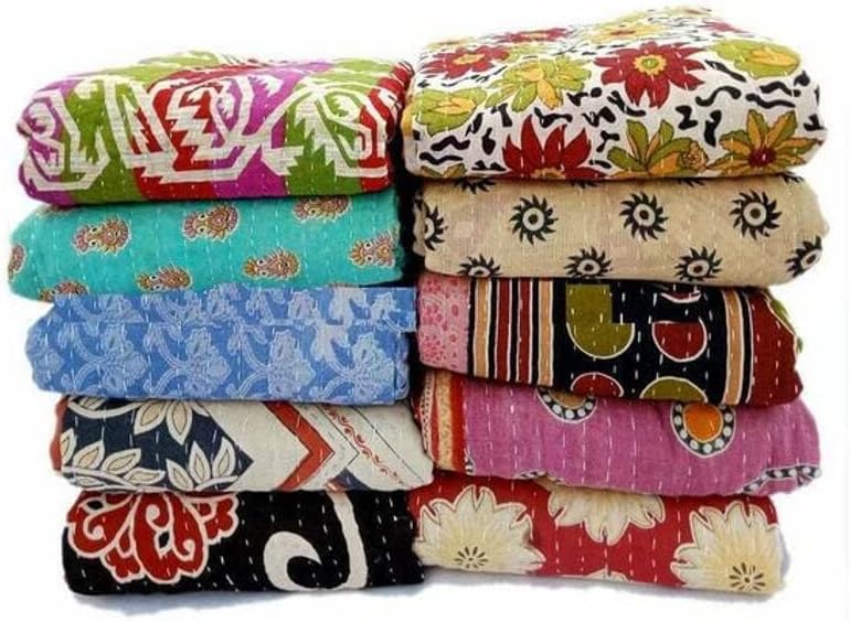 Varprada- 1 peça feita à mão Indiana Vintage Kantha Quilts para venda lança lençóis boêmios reversíveis de decoração de decoração- cor de cor dupla de cor 85x55 polegadas